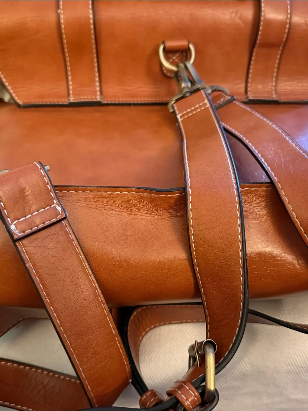 Large Men's Tan Leather Messenger Bag with Decorative Laser-Cut Front 12x15x5